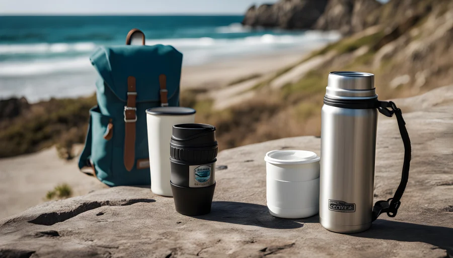 Naczynia turystyczne: metalowe kubki, talerze i sztućce na biwakowym stole