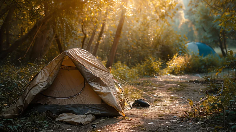 namiot turystyczny samorozkładany pośrodku lasu