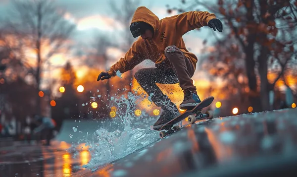 Młody chłopak jeżdżący na deskorolce fiszka po mokrym skateparku w deszczu.