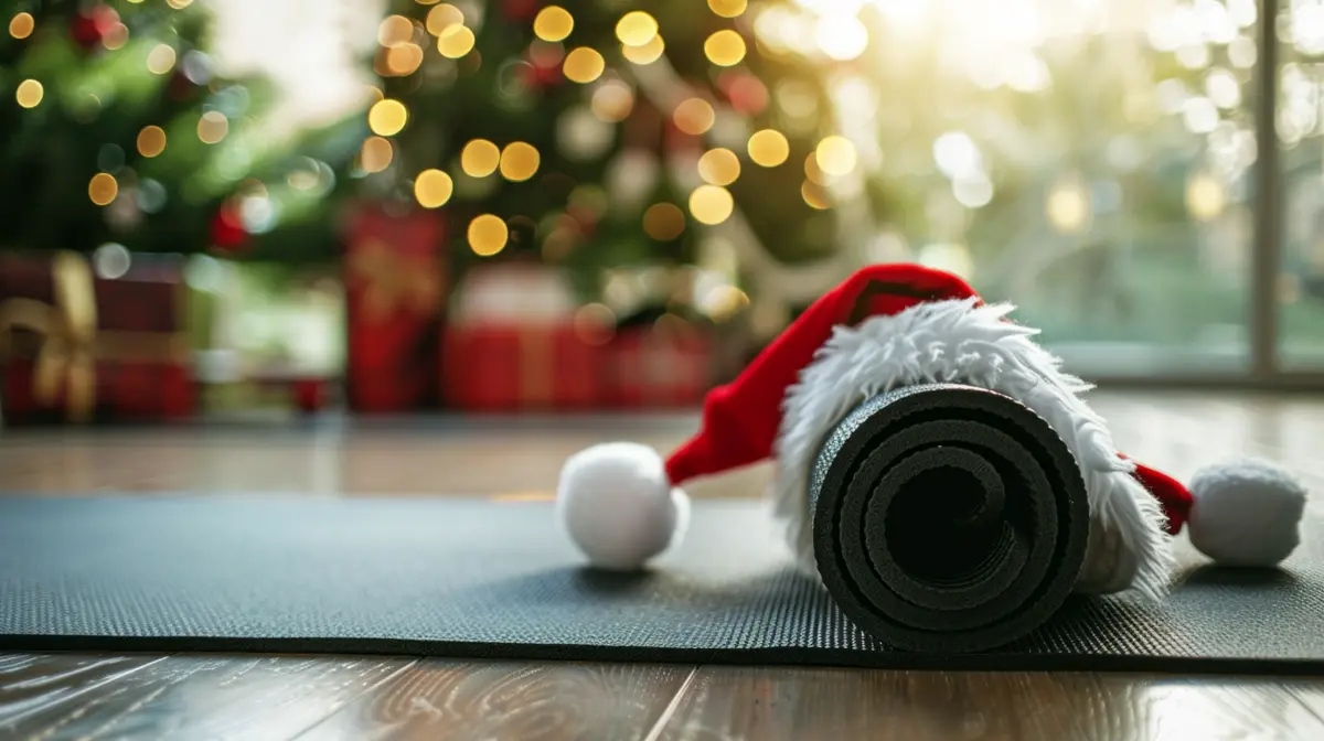Kobieta ćwicząca na macie w domu, na tle świątecznej choinki – idealny trening w okresie Bożego Narodzenia