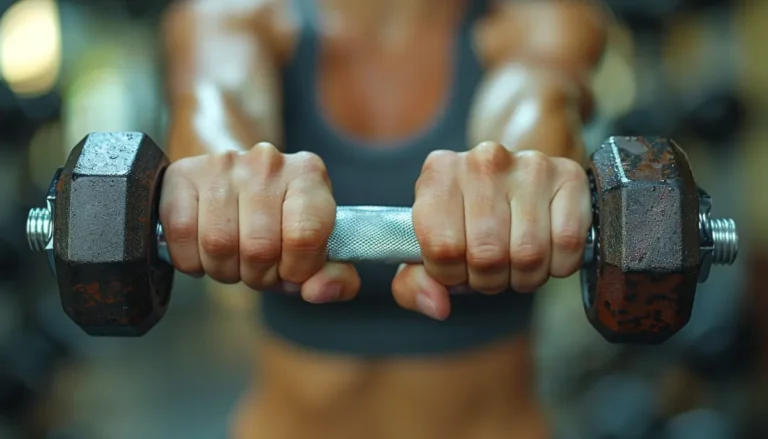 Kobieta wykonująca ćwiczenia siłowe z hantlami w domu, trening fitness wzmacniający mięśnie całego ciała