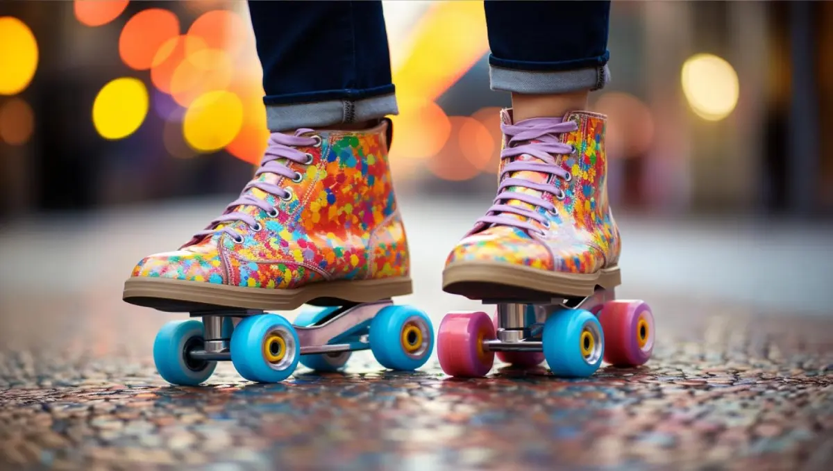 Kolorowe retro wrotki na tle salonu, symbolizujące możliwość treningu w domu na wrotkach