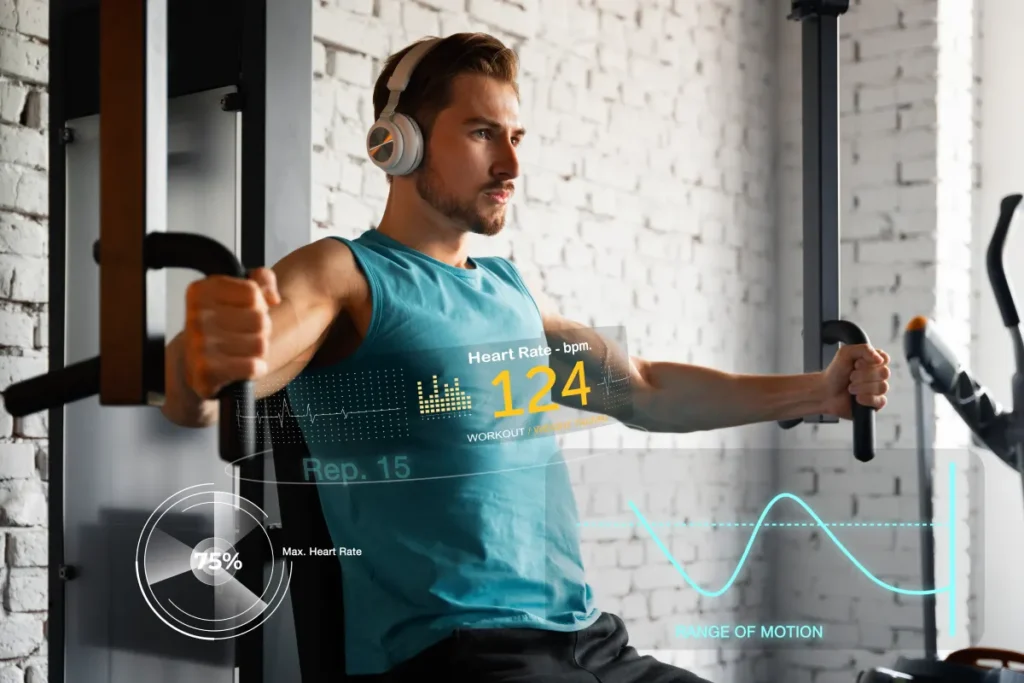 Mężczyzna wykonujący trening w domowej siłowni z wykorzystaniem AI w fitnessie