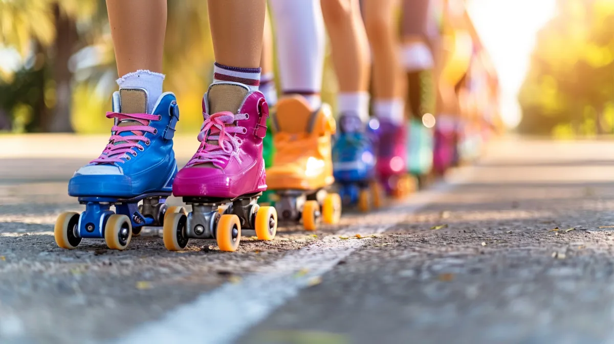 Grupa uśmiechniętej młodzieży jeżdżąca na wrotkach w parku miejskim, demonstrująca powrót do klasycznej formy miejskiej jazdy na kółkach