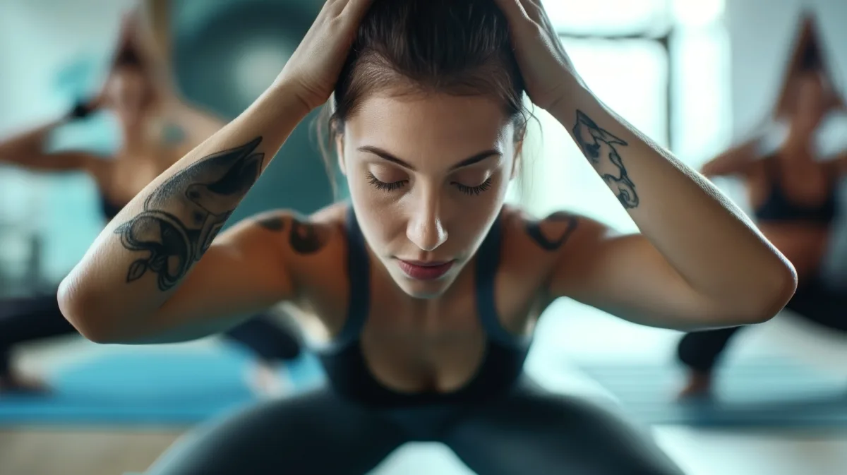 Młoda kobieta z tatuażami robi przysiady podczas domowego treningu używając techniki coaching ruchowy