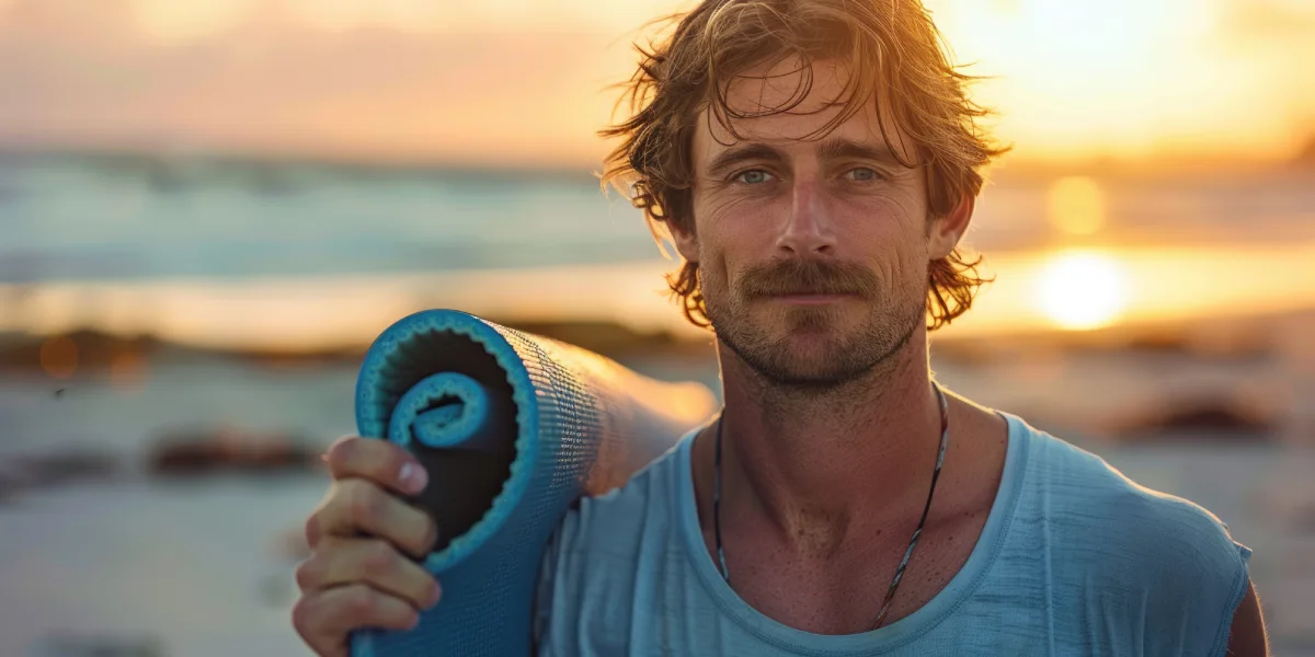 mężczyzna na tle zachodzącego słońca trzyma w ręku matę do ćwiczeń i oddaje się aktywności fizycznej na wakacjach