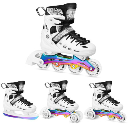 4w1 ŁYŻWOROLKI LED BIAŁE Z WYM. PŁOZĄ HOKEJOWĄ RAINBOW ROZM. M(35-38) NILS EXTREME